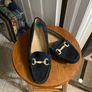 Cynthia Rowley Women's Blue Suede Seeker Loafers with Gold Buckle - Size 8